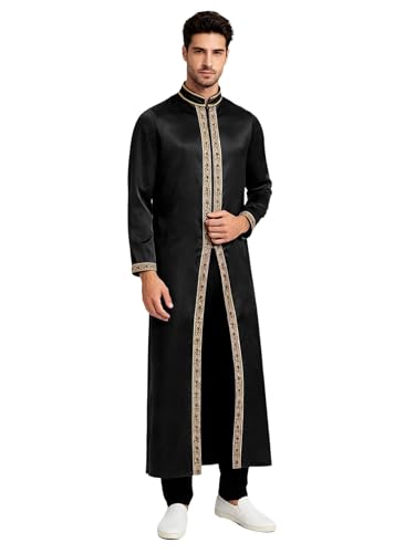 Jhaoyu Men Abaya Dress Kaftan Thobe Muslim Gown Maxi-muslim Shirt Dubai Robes Prayer Robe - color: Black, size: Large