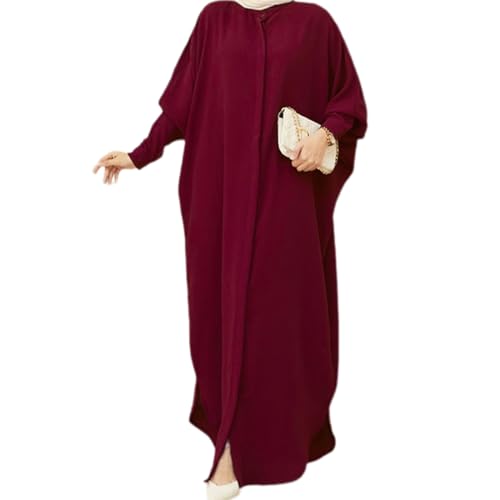 IKADEX Women Batwing Sleeve Abaya Button Loose Fit Long Maxi Muslim Dress Islamic Kaftan Prayer Robe - color: Wine Red