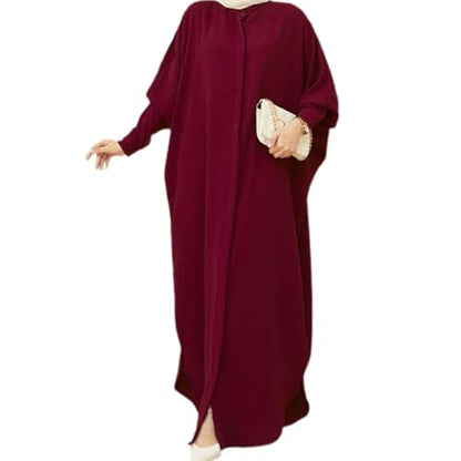 IKADEX Women Batwing Sleeve Abaya Button Loose Fit Long Maxi Muslim Dress Islamic Kaftan Prayer Robe - color: Wine Red