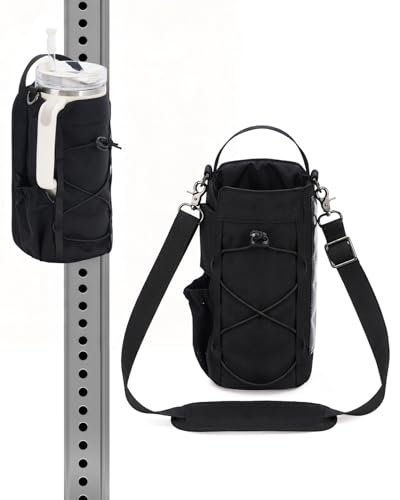 sportsnew 40oz Insulated Crossbody Water Bottle Bag Gym Hiking Phone Pocket | Water-resistant Lining, Padded Strap, Top Handle, Drawstring, Phone Pocket, Elastic Slots, Built-In Key Clip for Gym Walking - color: Deep Black -Magnetic