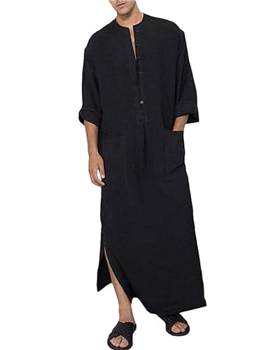 YAOHUOLE Kaftan for Men Long Sleeve Muslim Men Thobe Kaftan Thobe with Pockets - color: Black, size: Medium