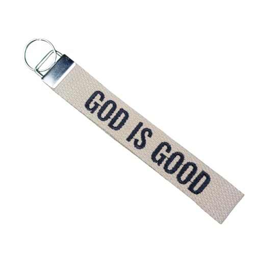 GOD IS GOOD Embroidered Keychain Christian Key Fob Religious Gifts Cotton Keychain - color: Camel Beige-white