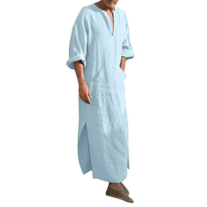 Mens Muslim Kaftan Thobe Saudi Arabic Islamic Middle East Robes Long Sleeve Breathable Clothing Ramadan Jubbah - color: Light Blue-d, size: X-Large