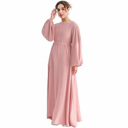 Muslim 여성용 Abaya 드레스 프론트 지퍼 기도 로브 부드럽고 가벼운 하늘거리는 맥시 드레스 포켓 및 벨트 포함 - color: 라이트 핑크, size: M