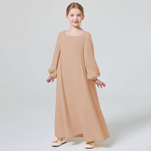Kids Girls Muslim Abaya Long Lantern Sleeve Robe Maxi Dress Dubai Islamic Pleated Prayer Dress Full Cover Kaftan Casual - color: Khaki, size: 4-5T