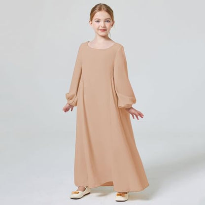 Kids Girls Muslim Abaya Long Lantern Sleeve Robe Maxi Dress Dubai Islamic Pleated Prayer Dress Full Cover Kaftan Casual - color: Khaki, size: 5-6 Years