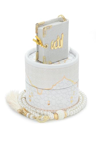 ihvan online Mini Quran & Tesbih Gift Set with Cylinder Box – 99 Pearl Muslim Prayer Beads, Misbaha Tasbeeh Sibha Mala – Islamic Ramadan, Eid & Mawlid Gift for Men & Women, White - color: White