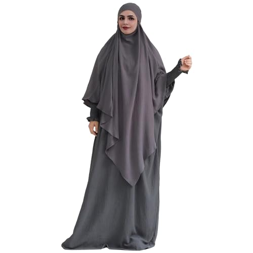 khalat Womens Muslim Prayer Dress Front Zipper Kaftan Islamic Robe Modest Solid Abayas for Women Muslim - color: Dark Gray+hijab