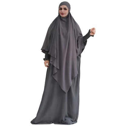 khalat Womens Muslim Prayer Dress Front Zipper Kaftan Islamic Robe Modest Solid Abayas for Women Muslim - color: Dark Gray+hijab