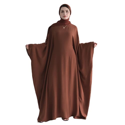 Abaya Muslim Women Dress Batwing Sleeve Loose Maxi Modest Islamic Clothes Prayer Dress with Hijab Scarf - color: Brown