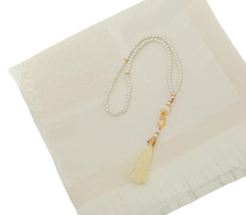 Prien Muslim Prayer Rug with Tasbih and Portable Bag, Muslim Gift for Women Men, Mubarak Islamic Box, Soft Mat Islam Gifts Set, Turkish Sajadah for Ramadan, Eid, Hajj, Travel, Pray (Cream) - color: Cream
