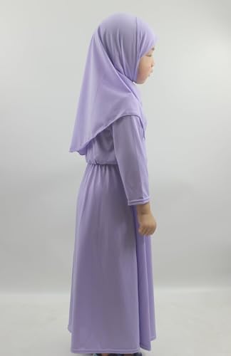 Girls Kids 2 Pcs Muslim Abaya Prayer Dress with Hijab Islamic Headscarf for Girl Robe Ramadan Eid Clothes - color: Lavender, size: Height 110CM-120CM