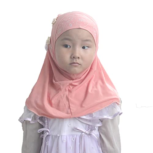 Instant Hijab for Kids Girls Hijabs Muslim Islamic Head Scarf with Rhinestone and Flowers - color: Orange Pink