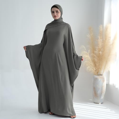 ODIZLI Abayas For Women Muslim Dubai Full Cover Kaftan Shirt Dress Batwing Sleeve Prayer Dress With Hijab - color: Dark Gray + Hijab, size: Two