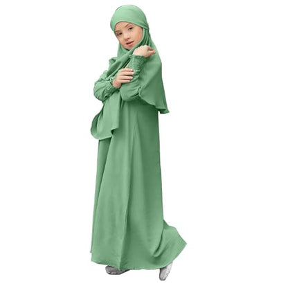 Muslim Clothes for Girls Toddler Kids Abaya Long Sleeve Dress Cotton Full Cover Hijab Islamic Kaftan Prayer Dresses - color: Mint Green, size: 7-8 Years