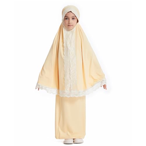 Girls Muslim 2 Piece Outfits Long Sleeve Prayer Full Cover Lace Hijab Dress Outfit Teen Soft Breathable Elastic Hooded - color: Light Yellow, size: 5-6 Years