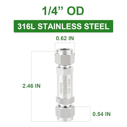 1PCS 316L Stainless Steel 1/4" Tube OD Check Valve,Backflow Prevention,One Way Non-Return Check Valves - size: 1/4" Tube OD (No Silver)