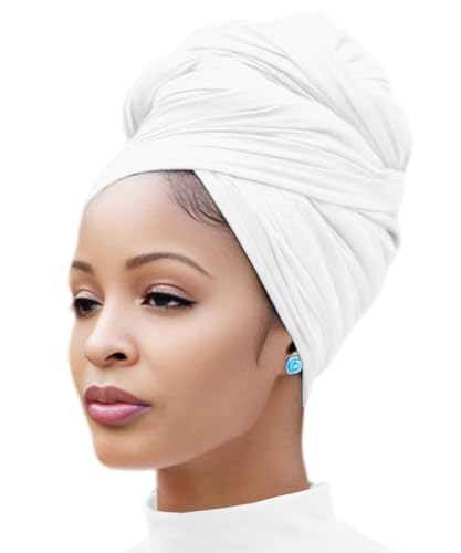 Nonbongoy Head Wraps for Black Women 71"x32" Long Soft Jersey Hijab Turban - color: 1- White Headwrap