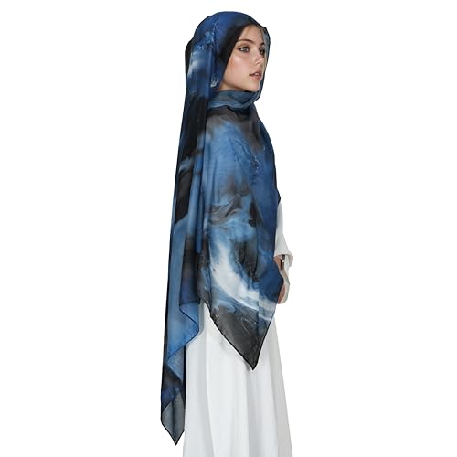 Printed Hijab for Women Printing Hijab Scarf for Women Muslim Islamic Prayer Clothes 1pc Muslim Women's Khimar - color: Abyssal Blue
