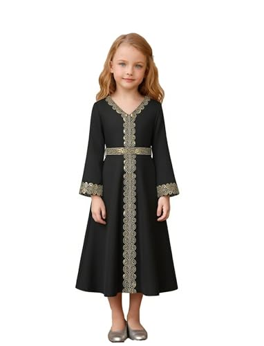 OBEEII Girls Muslim Abaya Ramadan Long Bell Sleeve V Neck Sequins Church Prayer Dress with Belt Islamic Eid Robe Kaftan - color: Black-sequins, size: 10-11 Years