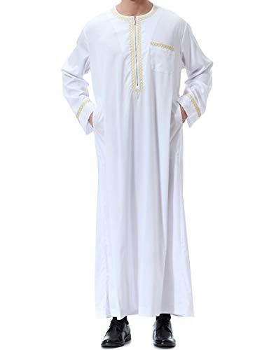 Islamic Mens Clothing Kaftan Maxi-Muslim Male Shirt Long Sleeve Abaya Dubai Cotton… - color: White, size: 3X-Large