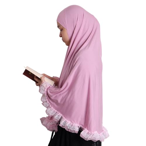 MuLanLegend Handmade | Princess Nur Lace Prayer Dress | Muslim Girl Head Wear Salat Long Hijab - color: Iris Pink