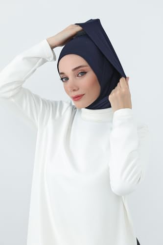 Aisha's Design Full Coverage%95 Cotton Bonnet for Women, Ready-to-Wear Hijab Bonnet Headscarf with Neck Coverage - color: Navy Blue