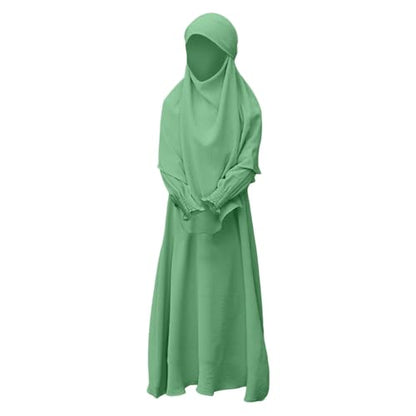 Muslim Clothes for Girls Toddler Kids Abaya Long Sleeve Dress Cotton Full Cover Hijab Islamic Kaftan Prayer Dresses - color: Mint Green, size: 3-4T
