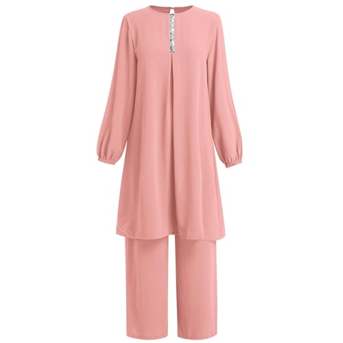 Abayas Dress For Women Muslim Long Sleeve Loose Top Pants 2 Pcs Dubai Islamic Muslim Women Matching Sets - color: Pink B, size: 3X-Large
