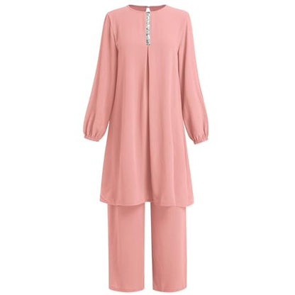Abayas Dress For Women Muslim Long Sleeve Loose Top Pants 2 Pcs Dubai Islamic Muslim Women Matching Sets - color: Pink B, size: XX-Large