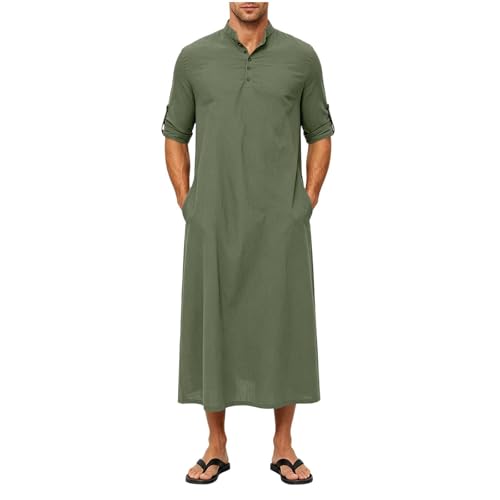 Men's Linen Kaftan Robe Button Down Long Sleeve Henley Collar Cotton Thobe Casual Loose Fit Stylish Gown Shirts - color: Army Green, size: Small
