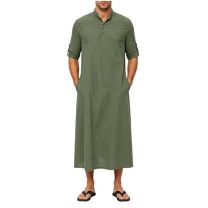 Men's Linen Kaftan Robe Button Down Long Sleeve Henley Collar Cotton Thobe Casual Loose Fit Stylish Gown Shirts - color: Army Green, size: Medium