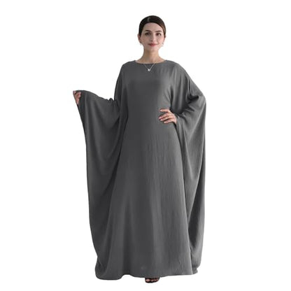 Abaya 무슬림 여성용 드레스 배트윙 슬리브 루즈핏 맥시 겸손한 이슬람 의류 히잡 스카프 포함 기도 드레스 - color: 다크 그레이.
