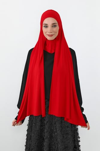 Aisha's Design Neck-Covering Practical Jersey Hijab with Built-In Ninja Bonnet - color: Red