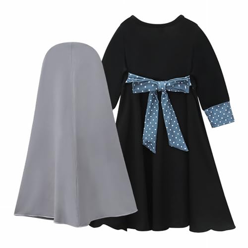 Abaya for Toddler Baby Girls Muslim Prayer Clothes with Hijab Kids Maxi Dress Middle East Dubai Islamic Clothing - color: Black, size: 2-3T