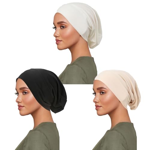 PURFUN 3 Pcs Muslim Inner Hijab Caps Women Solid Color Under Hijab Caps Stretchy Breathable Full Cover Undercap Tube Bonnet - color: Beige+white+black
