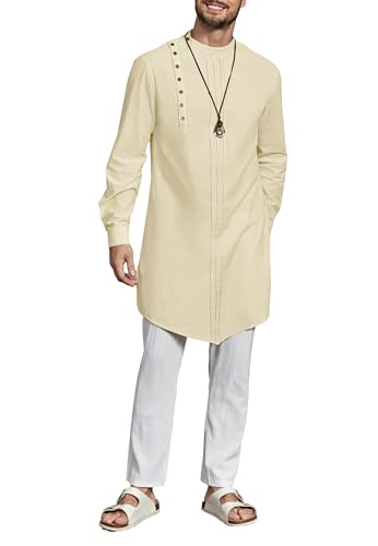Gafeng Mens Kaftan Thobe Long Sleeve Robe Gown Casual Cotton Linen Button Muslim Shirt - color: Beige, size: Medium