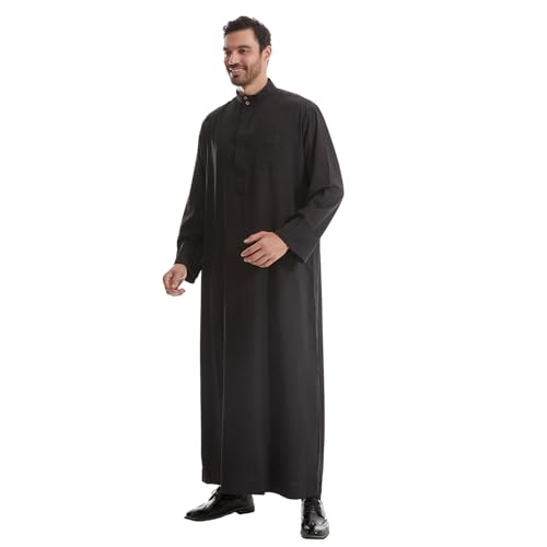 IWEMEK Muslim Thobe for Men Kaftan Thobe with Pockets Middle East Saudi Arabic Robe Ramadan Caftan Dubai Islamic Abaya Dress - color: Black, size: XX-Large