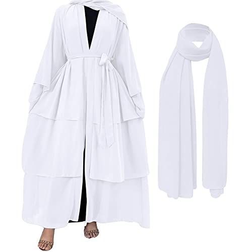Muslim Abaya Dress for Women - Long Sleeve Islamic Dubai Abaya Cardigan Robe - Middle East Prayer Dress with Hijab - color: #A: White, size: Small