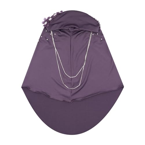RARITYUS Women Bling Rhinestone Pearl Instant Scarf Muslim Hijab Fashion Shawl Head Wrap Turban Cap with Flower Accent - color: Purple