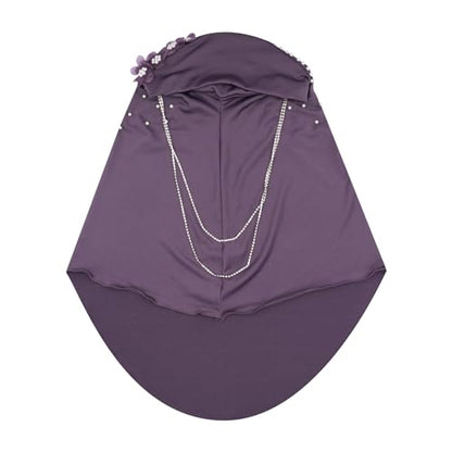 RARITYUS Women Bling Rhinestone Pearl Instant Scarf Muslim Hijab Fashion Shawl Head Wrap Turban Cap with Flower Accent - color: Purple