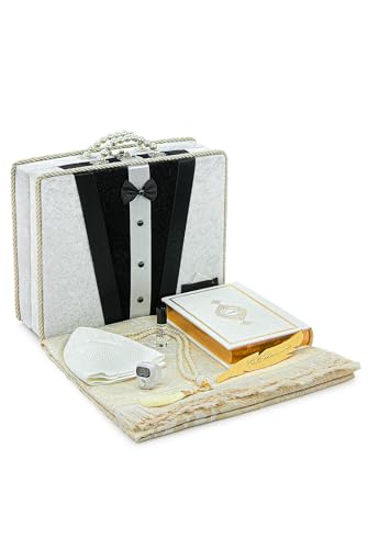 ihvan online, Muslim Prayer Rug Set, Arabic Quran, Prayer Beads, Mens Kufi Hat, Tasbeeh Counter, Islamic Scent, Dowry Gift Box for Men & Women, Janamaz, Salah Mat Gifts Set Wedding, Ramadan, White - color: White