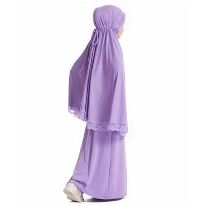 Girls Muslim 2 Piece Outfits Long Sleeve Prayer Full Cover Lace Hijab Dress Outfit Teen Soft Breathable Elastic Hooded - color: Purple, size: 13-14 Years