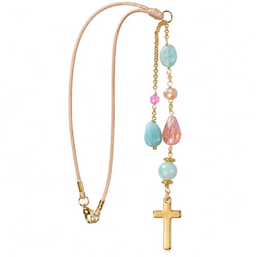 Pink Crystal Rearview Mirror Hanging Accessories - Cross Shaped Beaded Car Mirror Charm - Sun Catcher Car Interior Decor - Cruciform Pendant Ornament for Vehicle - Rose Quartz Tone Glass Beads - color: pink 1