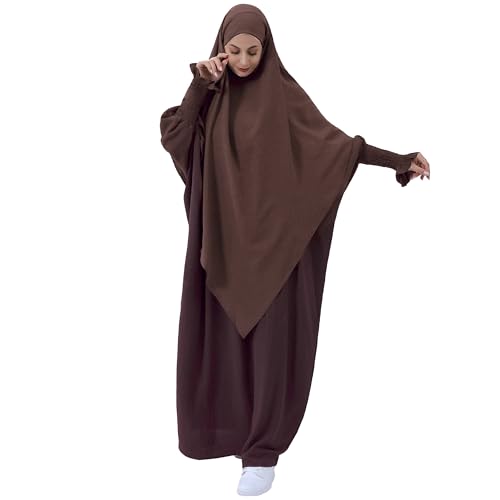 khalat Womens Muslim Prayer Dress Front Zipper Kaftan Islamic Robe Modest Solid Abayas for Women Muslim - color: Dark Coffee+hijab