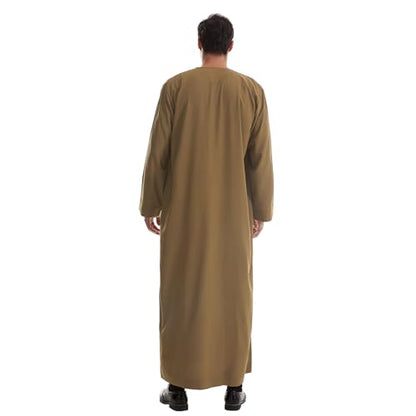 IWEMEK Men Muslim Thobe Long Sleeve Kaftan Robe with Pockets Saudi Arabic Thobe Ramadan Middle East Dubai Islamic Abaya Dress - color: Brown, size: X-Large