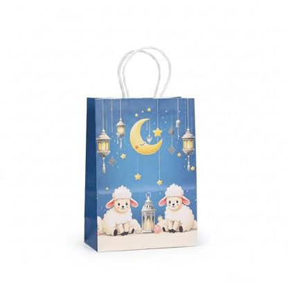 Eid Mubarak Gift Bags 12 Pack – Ramadan Party Favor Bags with Handles, Kraft Paper Candy Treat Bags, Islamic Moon Star Design for Eid Party Supplies