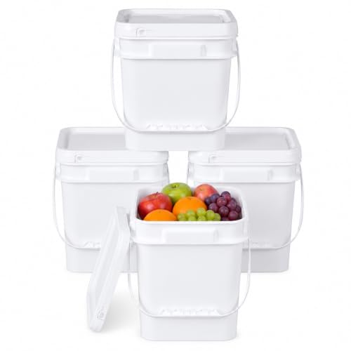 1 Gallon Food Storage Buckets with Lids, 4 Pack Square BPA Free Plastic Containers with Handles and Labels for Rice, Flour, Snacks and Kitchen Storage (White) - color: White, size: 1 gal