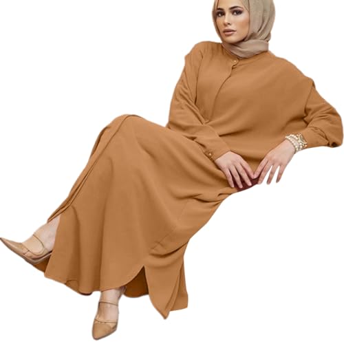 AWIBMK Women Abayas Dubai Kaftan Henley Shirt Prayer Maxi Dress Muslim Batwing Sleeve Ramadan Islamic Clothes - color: Light Brown