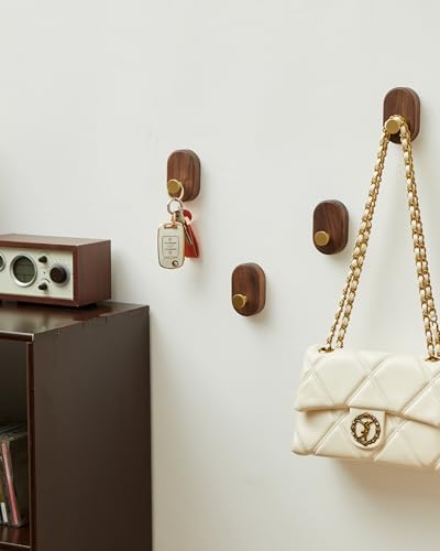 Wood Coat Hooks Wall Mount - Modern Walnut Coat Hook with Bronze Accent for Hanging Clothes,Keys,Purse,Robes,Towel,Backpacks, Single Brass Wall Hooks Heavy Duty for Entryway, Closet, Bathroom (4 Pack) - style: 4 Pack